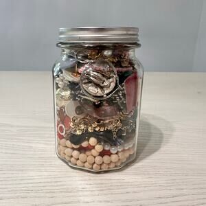 Mystery Jewelry Jar Mixed Metals Vintage Rings Earrings Buttons Necklace